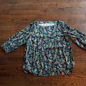 J. Jill Black Tunic Top with Multicolor Bird Print